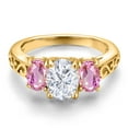 thumbnail image 3 of Gem Stone King 18K Yellow Gold Plated Silver White Moissanite and Pink Sapphire Filigree Style 3 Stone Ring for Women (2.70 Cttw, Oval 8X6MM and 6X4MM) (Size 9), 3 of 6