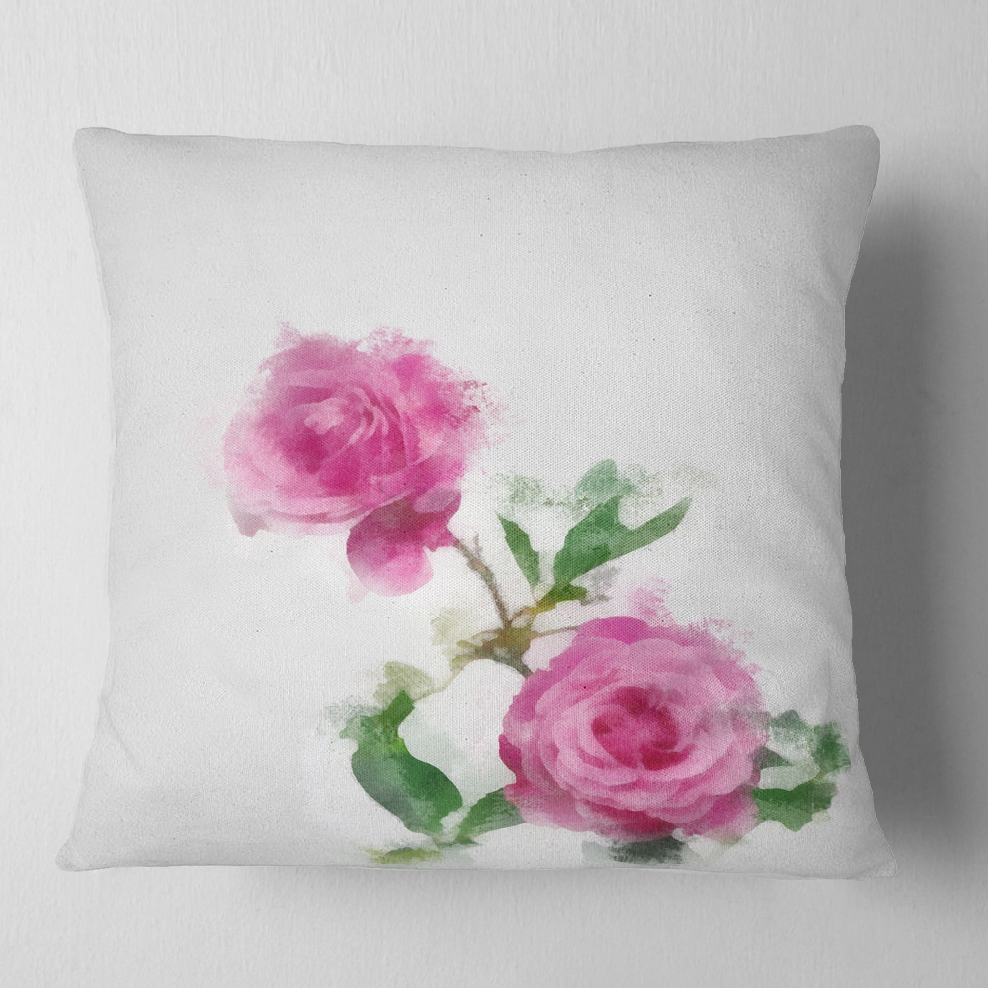 Designart Rose Stem with Pair of Roses - Floral Throw Pillow - 16x16