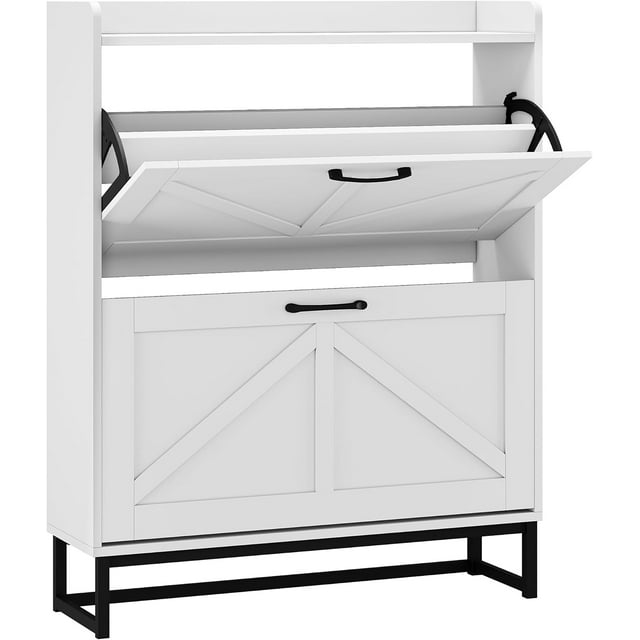 2-Tier Rattan Shoe Cabinet with Flip Drawers, Wooden Entryway Shoe Storage Organizer with Adjustable Shelves & Metal Base - White