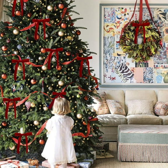 Red Velvet Bows for Christmas Tree Decorations, 12pcs Velvet Ribbon Garland, Holiday Christmas Decor, Wreath and Table Accents