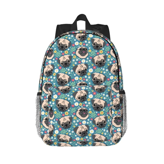 Lukts PUG HEAD And Flower Pattern 15 Inch Student Backpack, Waterproof Laptop Backpack with Adjustable Shoulder Straps, Lightweight Travel, Campus Backpack, Unisex