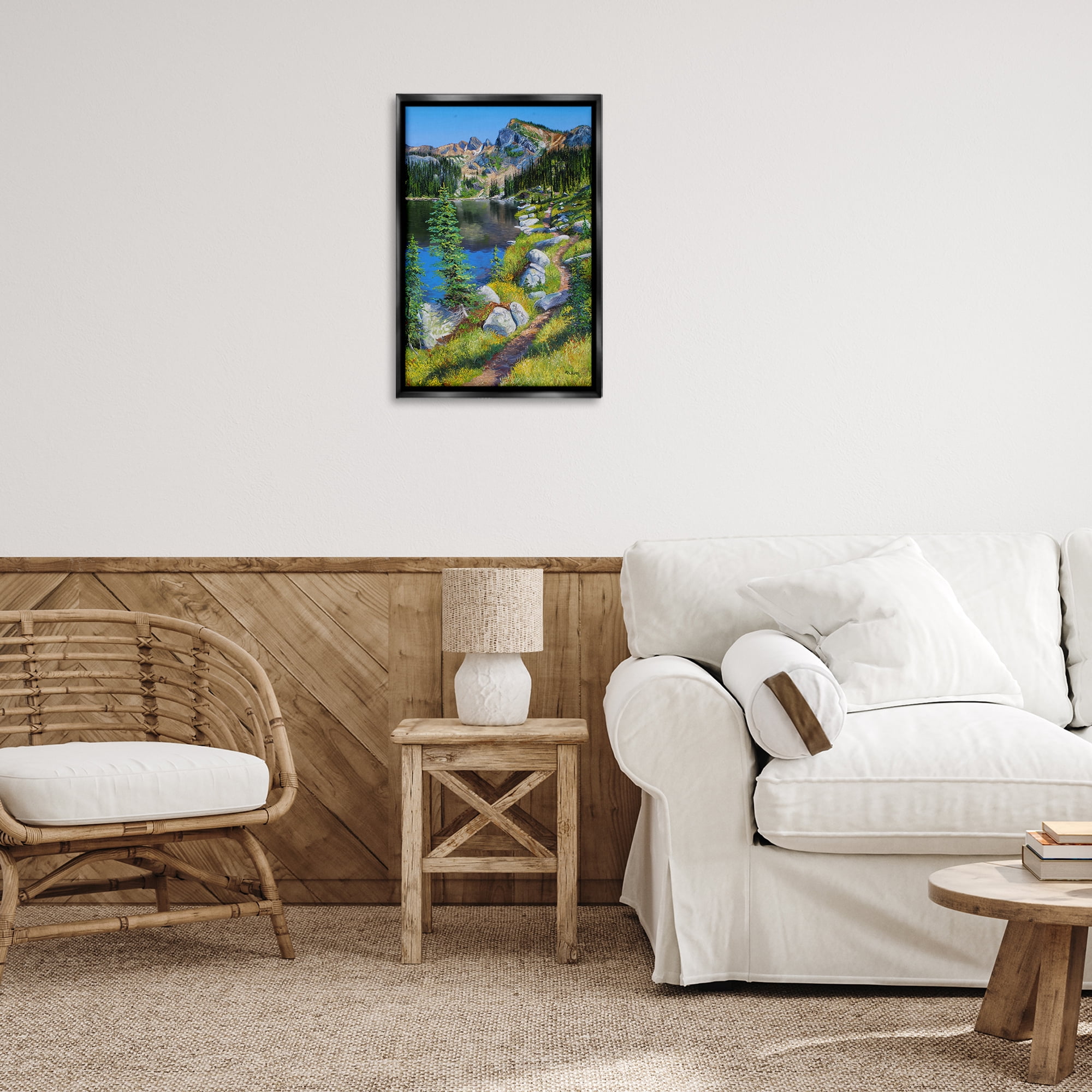Stupell Industries Alpine Lake Landscape Landscape & Nature Painting Black Floater Framed Canvas Art Print Wall Art, 17 x 25