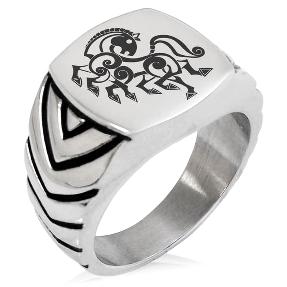 Stainless Steel Odin's Sleipnir Horse Viking Norse Chevron Pattern Biker Style Polished Ring