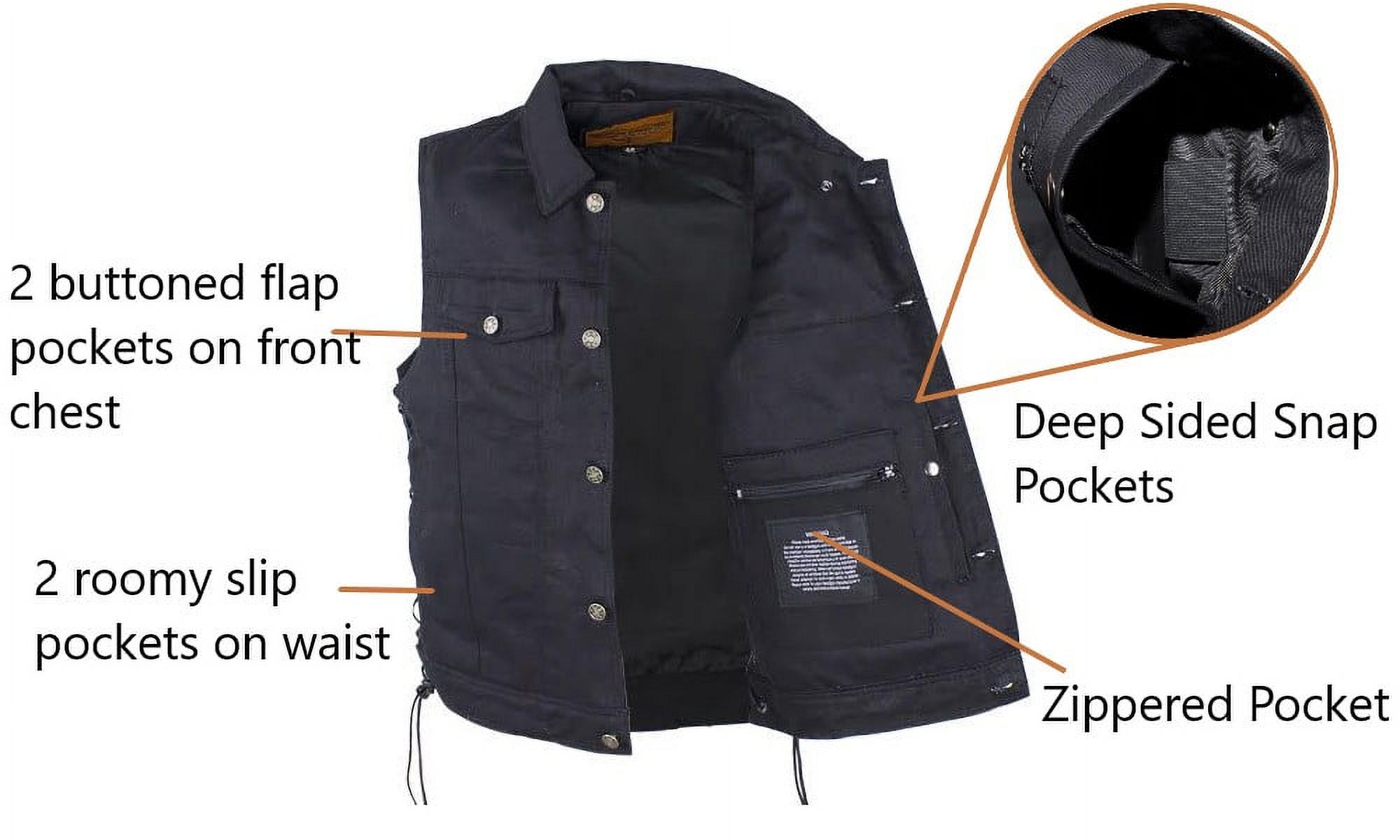 Dream Apparel Men’s Black Denim Motorcycle Vest with 6 Pockets & Side ...