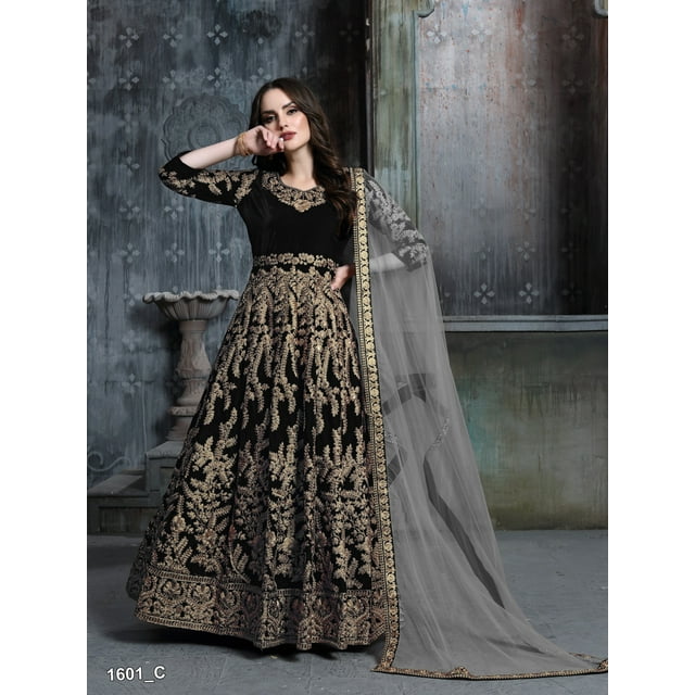 Pakistan Wedding Party Wear Black & Golden Velvet Flared Anarkali Suit For Women