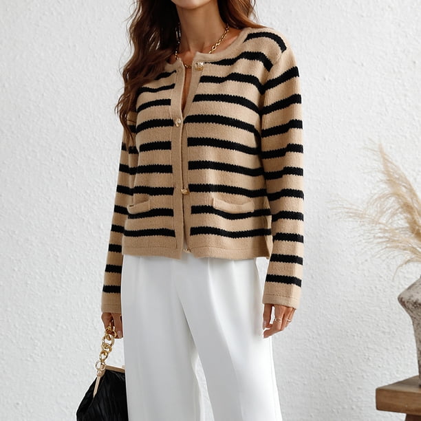 Suéter de cuello redondo de punto para mujer Suéter tipo cárdigan informal suelto con frente abierto FLhrweasw Nuevo