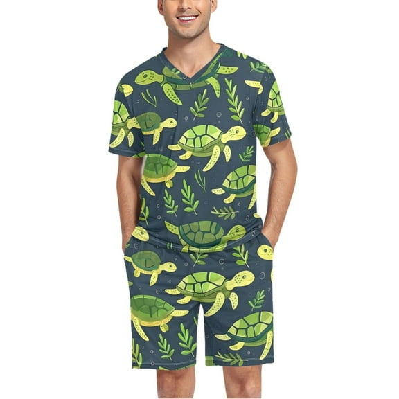 joogoo Men's Pajama Set Cute Turtles Seaweed Leaf V-Neck Pj Shorts Set 2 Piece Loungewear Sleepwear L