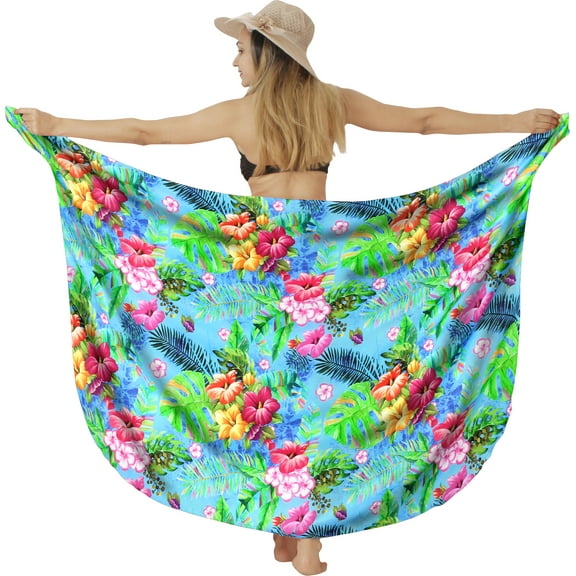 LA LEELA Women's Summer Beachwear Sarong Pareo Wrap Skirt Swimsuit Swim Cover up Bikini Beach Wraps Coverups for Women One Size Tropical Leafs, Blue