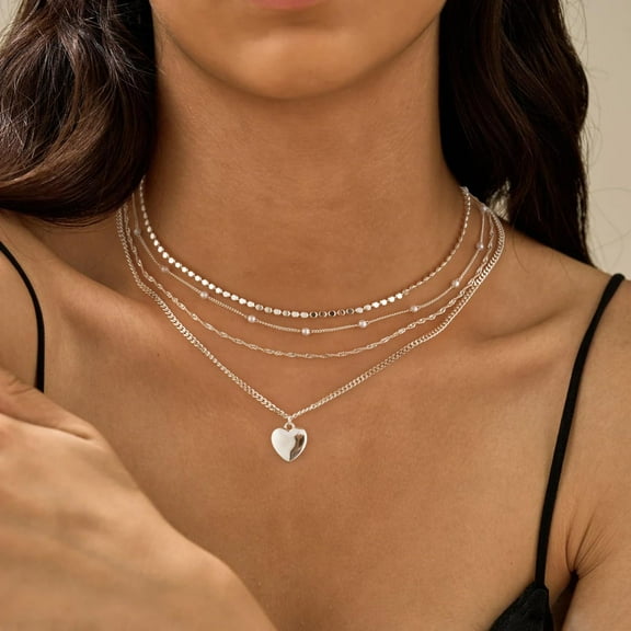 SKQIT Heart Pendant Necklaces for Women,Dainty Layered Choker Necklaces Stack Set for Women Trendy Silver Cute Necklaces Jewelry Gift