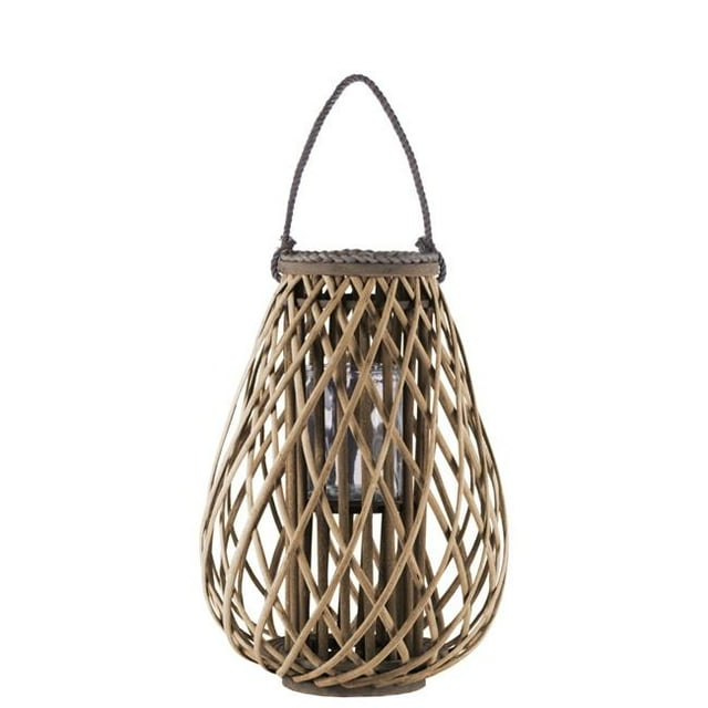 Benjara BM208355 Large Glass Hurricane Bellied Lantern with Braided Rope - Brown & Clear