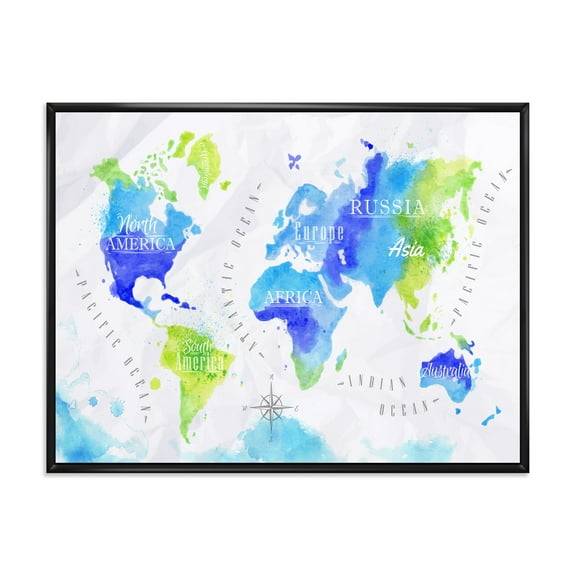 Designart 'World Map In Blue and Green' Modern Framed Canvas Wall Art Print