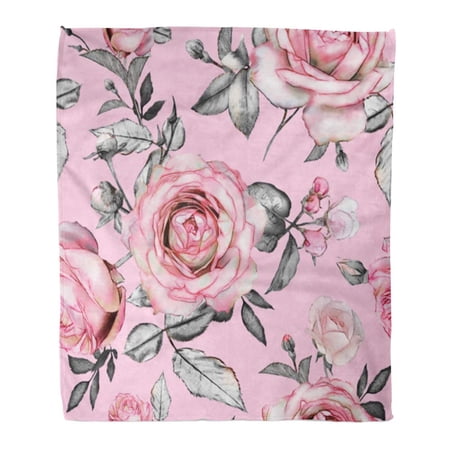 SIDONKU Throw Blanket Warm Cozy Print Flannel Gray with Flowers and Leaves on Pink Watercolor Floral Rose in Pastel Color Comfortable Soft for Bed Sofa and Couch 50x60 Inches