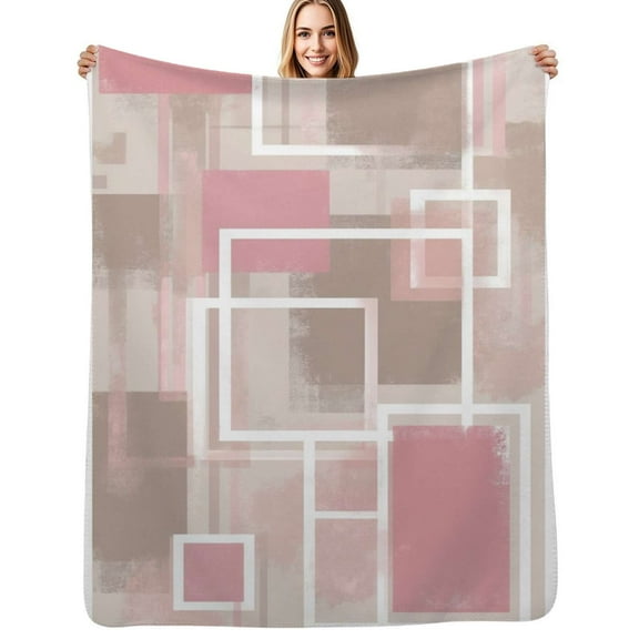 Abstract pink beige squares art Flannel Blanket Warm Soft Bedding Throws Winter Camping Chair Sofa Bed