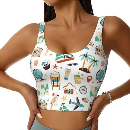 Jgfou Travel1 Print Womens Sports Bra - Padded Workout Sports Bras Crop Tank Top