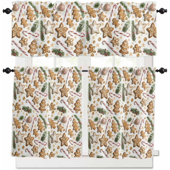 Christmas Kitchen Curtains and Valances Set, Rod Pocket Curtains Tier Farmhouse Window Curtains 36 Inch Length, Winter Green Xmas Pine Trees Star Candy 3 Piece Kitchen Curtains Set