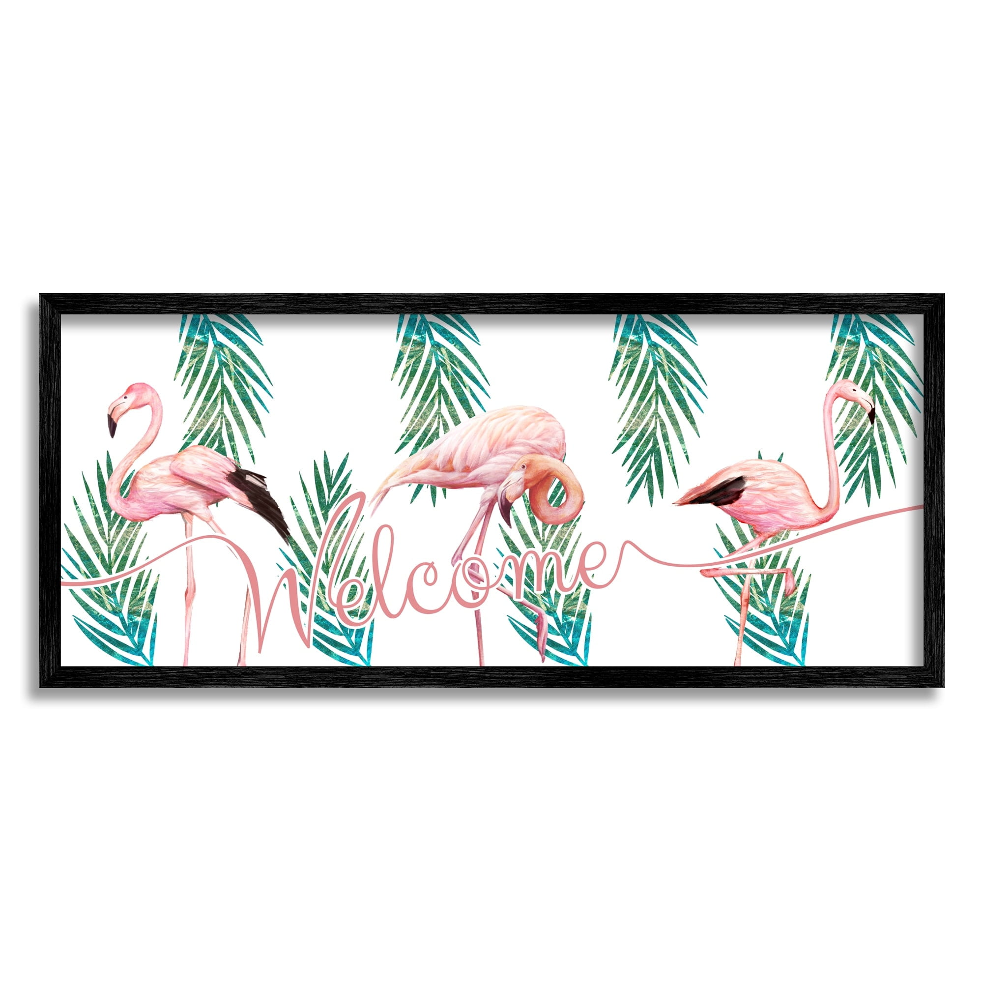 Stupell Industries Welcome Greeting Pink Flamingo Trio Tropical Palm Fronds, 24 x 10,Design by Ziwei Li