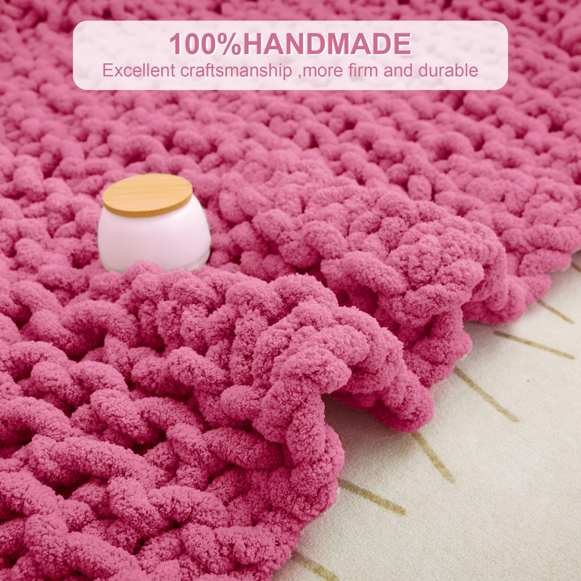 Viviland Chunky Knit Chenille Throw Blanket 40"x50" Rose Soft Washable 100% Handmade for Couch Bed Sofa Room Decor