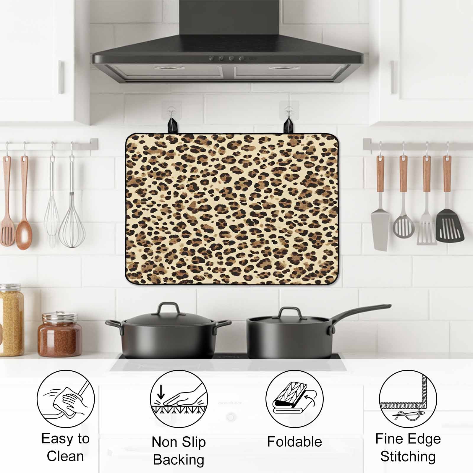 Leopard Stove Top Cover for Electric Stove, Heat-proof & Non Slip Glass Top Stove Cover Protector, Rustic Brown Animals Art Modern Kitchen Flat Cooktop Rubber Mat 24x21 Inches
