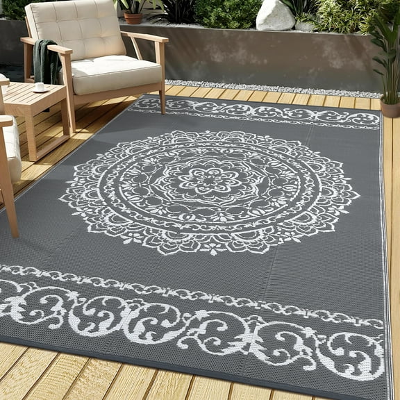 HOMERRY Geometric Floral Outdoor Rug Straw Plastic Area Rug for Balcony Pool RV Waterproof Reversible Carpet, White/Gray, 9'x 12'