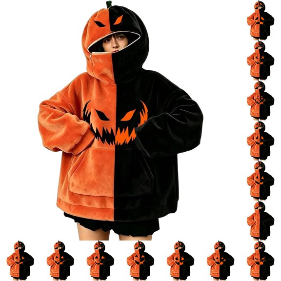 FYDUU Halloween Hoodies for Women Festive Pumpkin Hoodie Sweatshirts Color Block Soft Comfy Fuzzy Pullover Tops Fall Winter Clothes