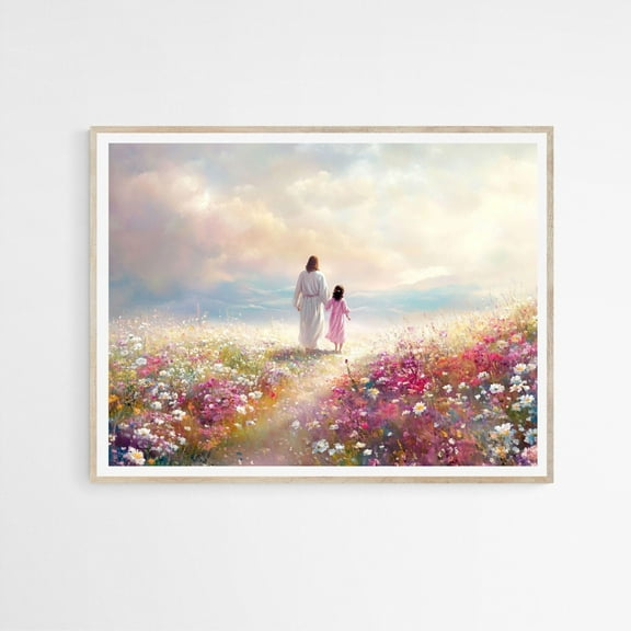 Jesus And Little Girl Walk In Flower Field , Christ'S Embrace Wall Art , Modern Bible ,Christian Faith UNFRAMED Poster, Wall Art for Decor, Present, 8x12