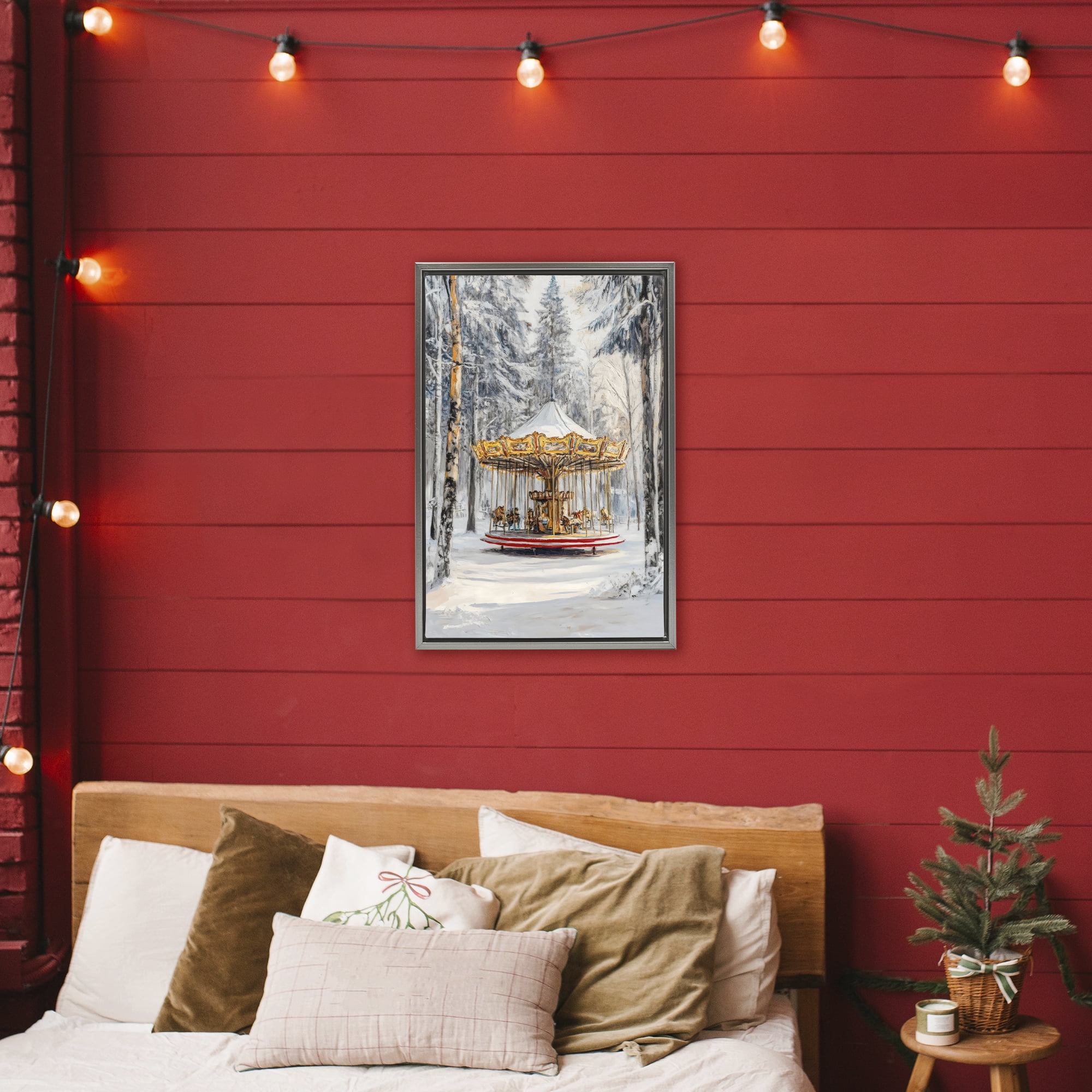 Winter Wonderland Carousel Gray Framed Floater Canvas Wall Art, design by Petal Prints Design