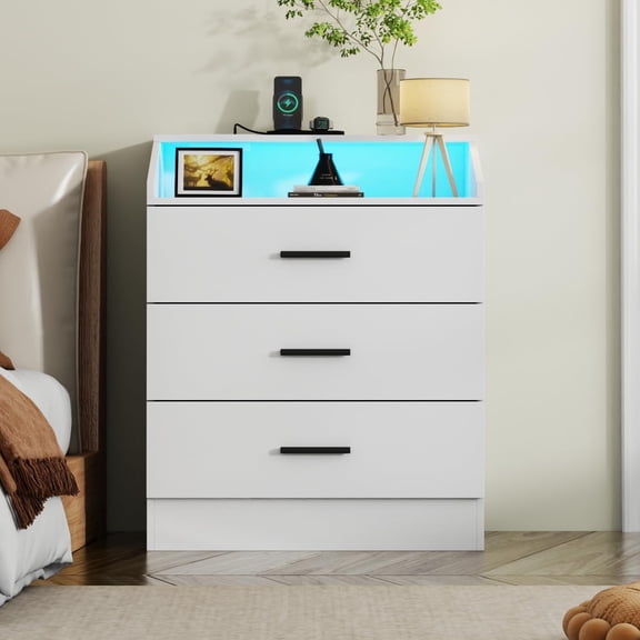3-Drawer Dresser with Power Outlet, Chest of Drawers with LED Light, White Dresser Organizer with Open Storage Cubby, Modern Nightstand for Bedroom, Living Room, Entryway, Hallway – STIKELY