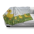 thumbnail image 3 of Cartoon Soft Flannel Fleece Throw Blanket, Mother Duck Babies Walking and Singing on the Meadow Flowers, Cozy Plush for Indoor and Outdoor Use, 50" x 70", Mustard and Pale Blue, by Ambesonne, 3 of 6