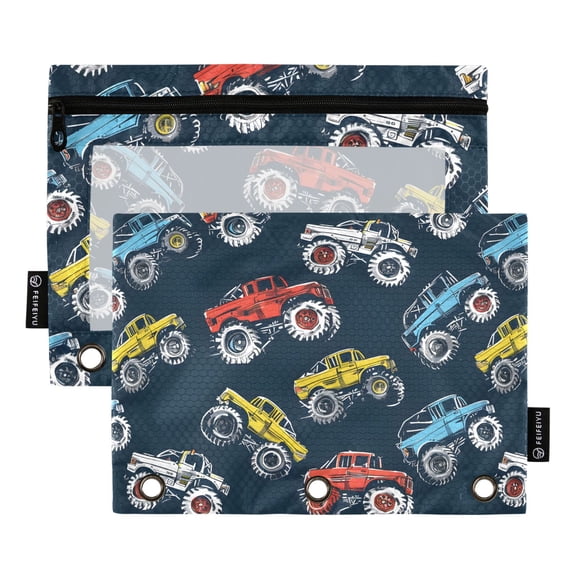 Colorful Monster Trucks 2 Pack Pencil Pouch for 3 Ring Binder Smooth Zipper Folders with Pockets Clear Window Pencil Case
