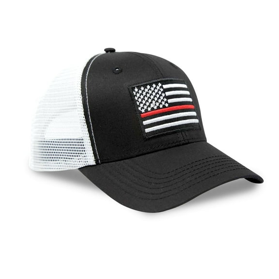 Thin Red Line Flag Hat for Men and Women – Snapback Trucker Baseball Cap by International Tie (Black/White)