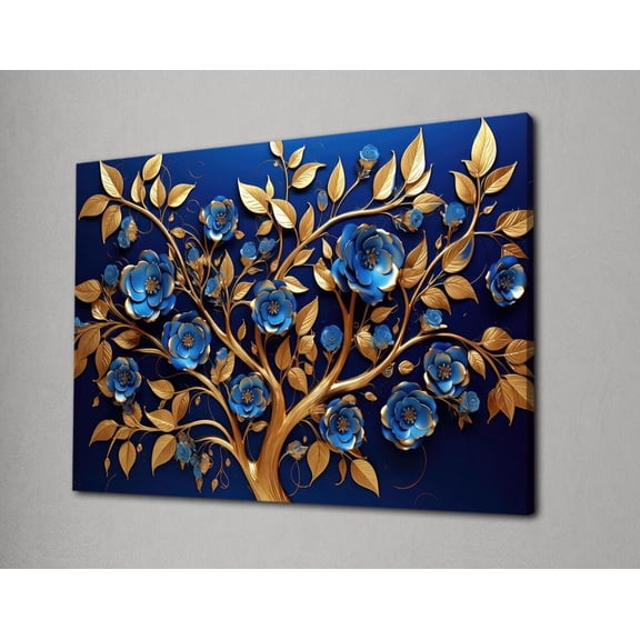 Gold Abstract Tree and Blue Rose Wall Art, Luxury Floral Modern Decor, Elegant Decorative Print for Living Room, Art Lovers Poster Decor, Size 8x12 UNFFRAMED F03.1.8l1523