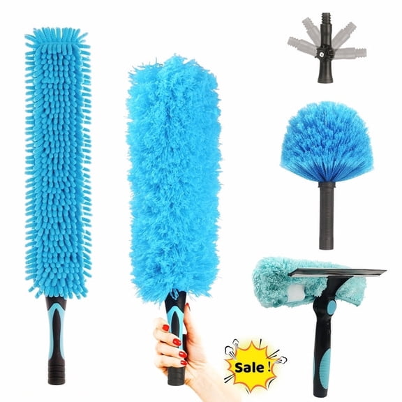 DUNCHATY 5-in-1 Ceiling Fan Duster Kit, Cobweb & Feather Dusters, Squeegee & Scrubber Heads, Washable Bendable Microfiber, Blue