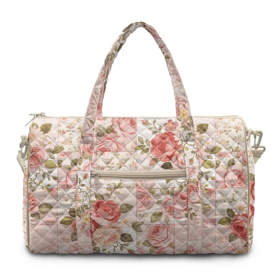 Garronmavis Large Pink Floral Quilted Duffle Bag for Women, Weekender Overnight Bag Travel Carry On Tote with Zipper Pockets for Gym, Dance