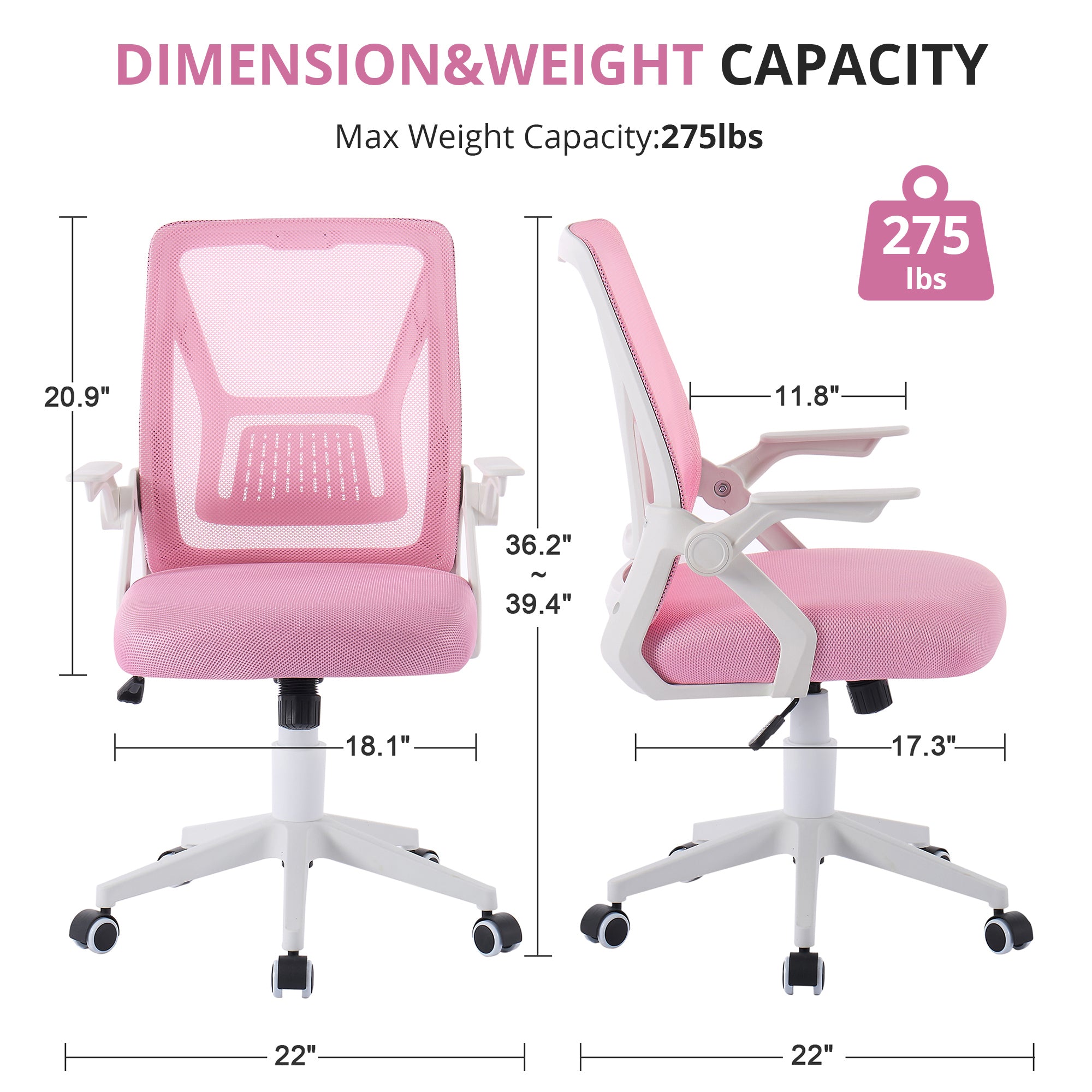 VECELO Mid-Back Swivel Adjustable Ergonomic Office Chair, Mesh Lumbar Support and Adjustable Arms Task Chair for Computer, Pink