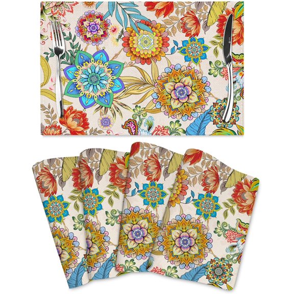 Boho Floral Placemats Set of 4 Linen 12"x18" Colorful Flowers Table Mats for Kitchen Dining Table Holiday Party Heat Resistant Washable Spring Summer Farmhouse Bohemian Mandala Place Mats