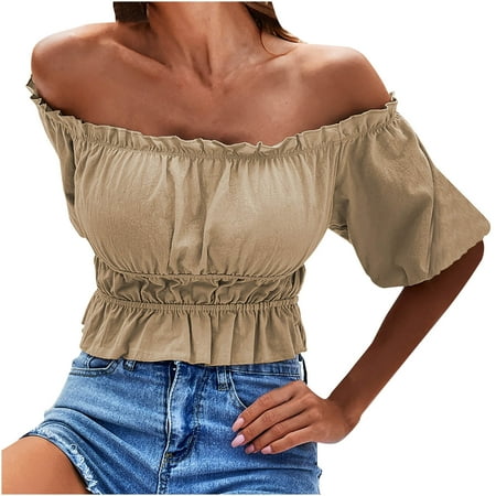 

Classic off the Shoulder Summer Shirts for Long Corset Top Sweet Outwear Ruffle Retro Blouse Short Sleeve Tunic Tee Tops