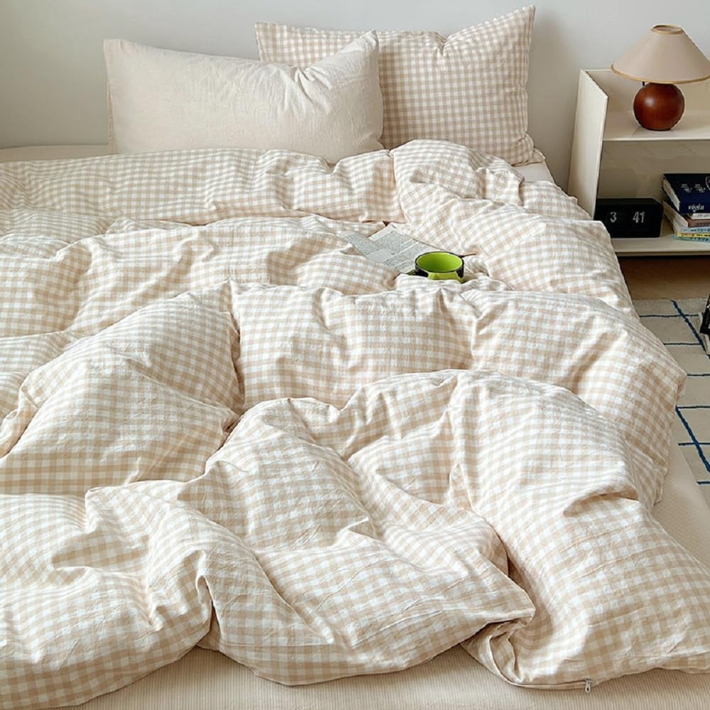JOLUSERE Soft Beige White Plaid Comforter Twin Sets, 2 Pieces Breathable Plaid Buffalo Checkered Comforter for All Season