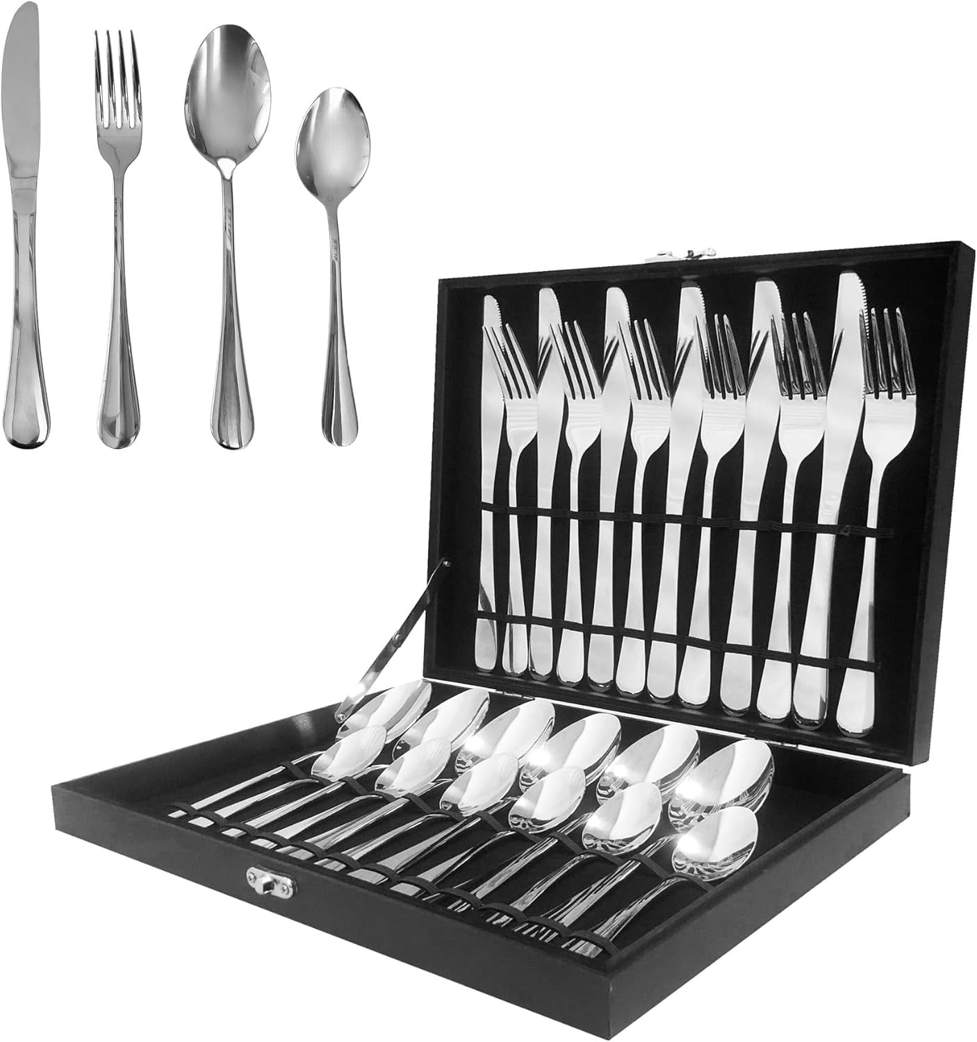 OVENTE 24-Piece Silverware Set Service for 6, Silver FL20241CH | Durable Stainless Steel Flatware Cutlery Utensil with Steak Knives, Forks, Spoons & Teaspoons, Dishwasher Safe