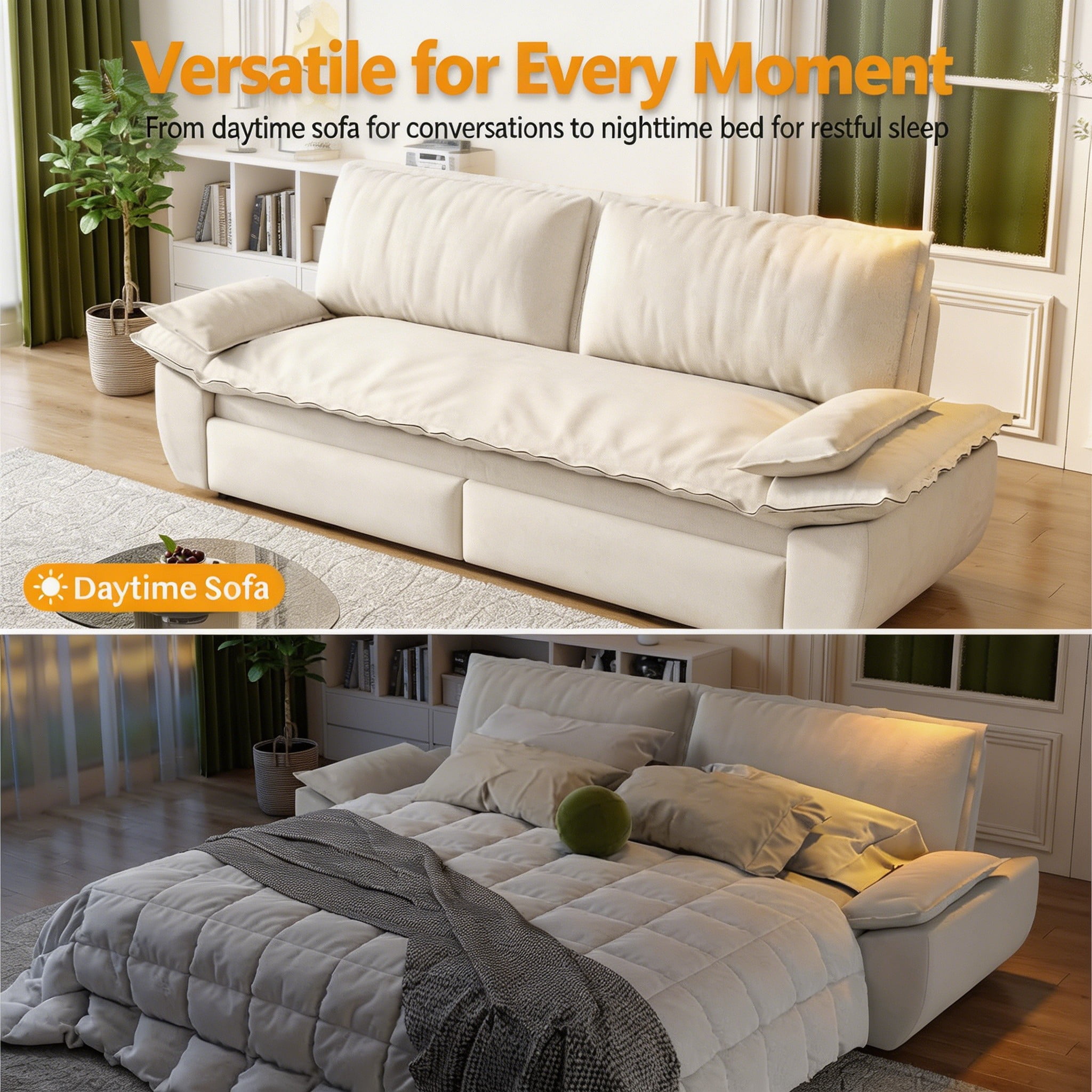 Multi-Functional Velvet 3-in-1 Convertible Sofa Bed, Queen Size Sleeper Loveseat with 2 Pillows, Beige