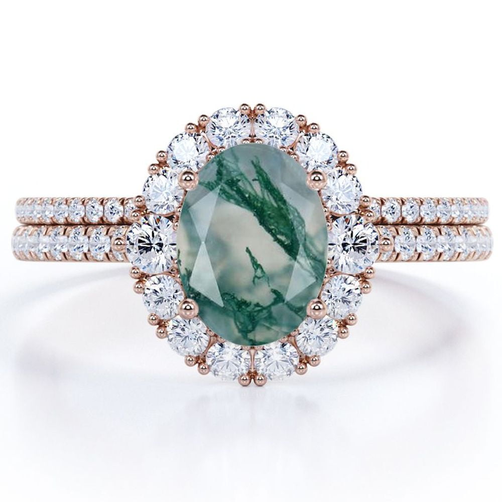 JeenMata Pave Design - 2 Carat Egg Shape Natural Opaque Mossy Green Agate - Halo Cluster Wedding Ring Set - 18K Rose Gold Plating over Silver