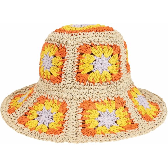 PTSPLLMY Multicolor Floral Crochet Straw Sun Hat Foldable Packable Wide Brim Bucket Hat Summer Beach Hat for Women