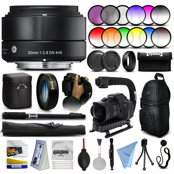 Sigma 30mm F2.8 DN Black Lens for Sony E-Mount NEX (33B965) + 12 Piece Filter Set + 10x Macro Diopter + Action Handle + Backpack + 67" Monopod + Cleaning Kit + Dust Blower