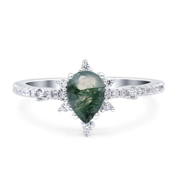 Natural Green Moss Agate Size-5 Art Deco Pear Teardrop Vintage Rings Starburst Cluster CZ Wedding Engagement Ring 925 Sterling Silver Gifts For Her