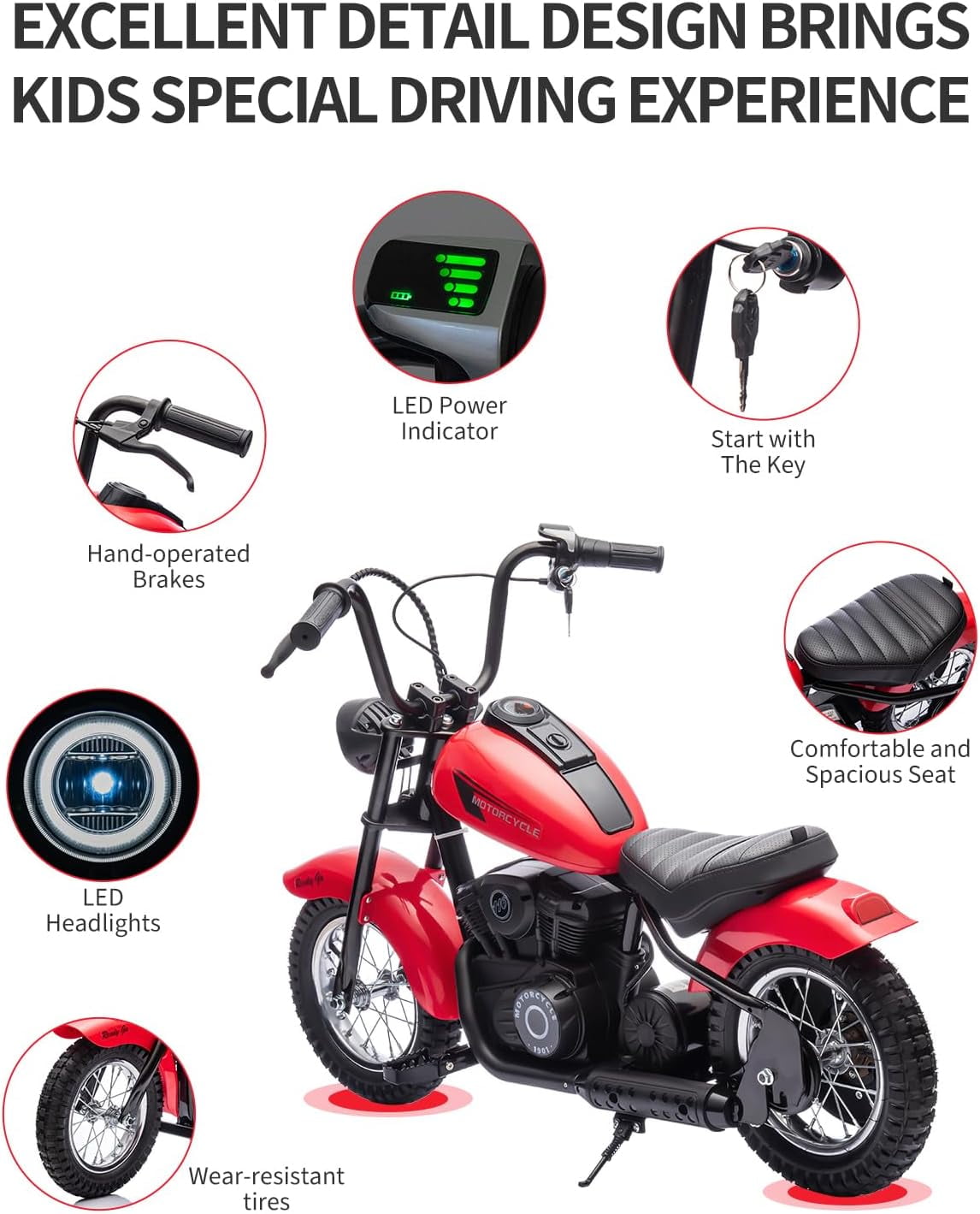 Acekid Electric Dirt Bike 24V 250w Motor LED Lights Comfortable Leather Seat Two-Speed Electric Motorcycle Teens
