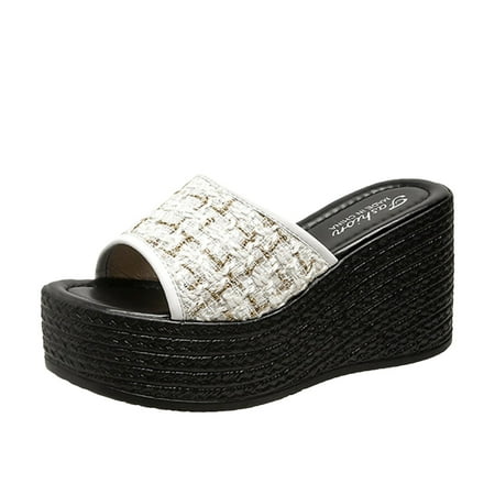 

TUOBARR Wedge Sandals Women s High Heels Sponge Thick Sole Sequin One Line Beach Slippers White