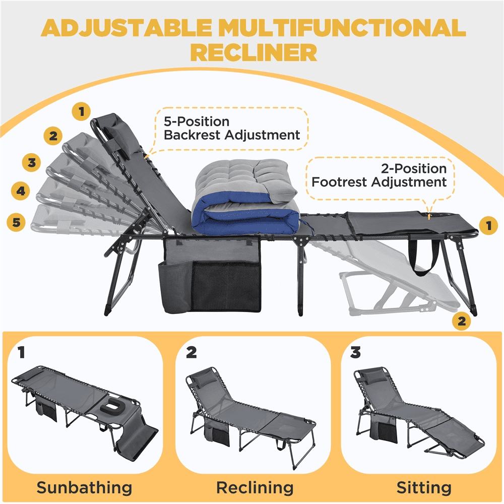 Renwick Outdoor Folding Tanning Chair with Removable Padded Cushion, Gray