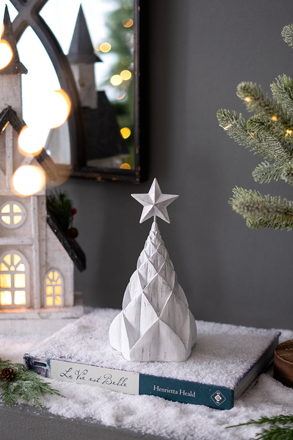 Set of 3 White Polyresin Christmas Trees Silver Foil Finish Star Toppers Tabletop Holiday Decor