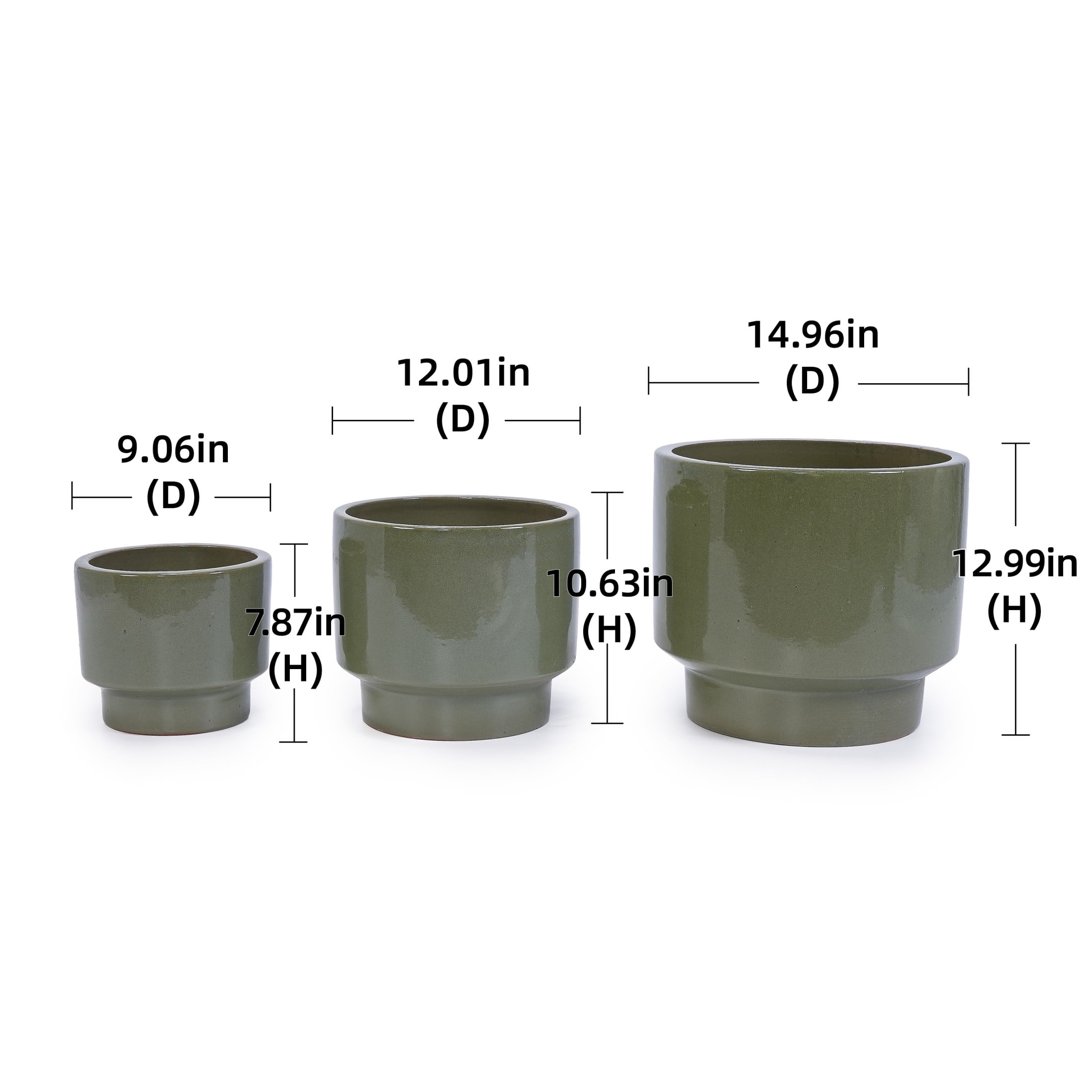 Noble House Ruth Flowerpot Set, Premium Ceramic with Glossy Finish and Drainage Hole, Set of 3, Antique Light Green