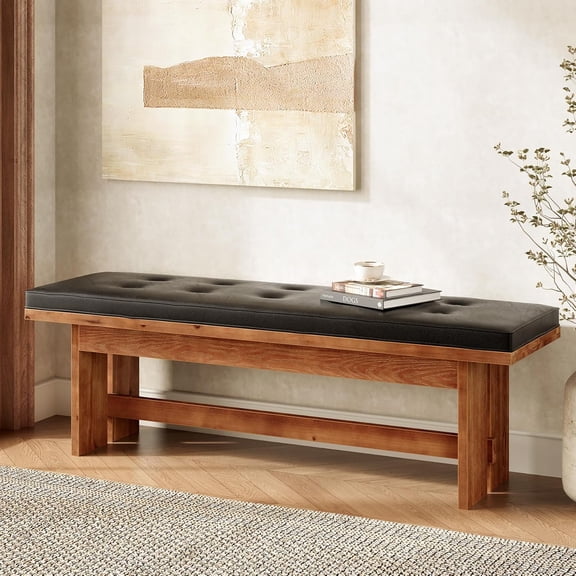 Finmind 55-Inch Solid Wood Bench with Cushion, Upholstered Entryway Bench Shoe Bench Seat, Narrow long Button-Tufted Indoor End of Bed Bench for Bedroom, Living Dining Room, Dark Walnut