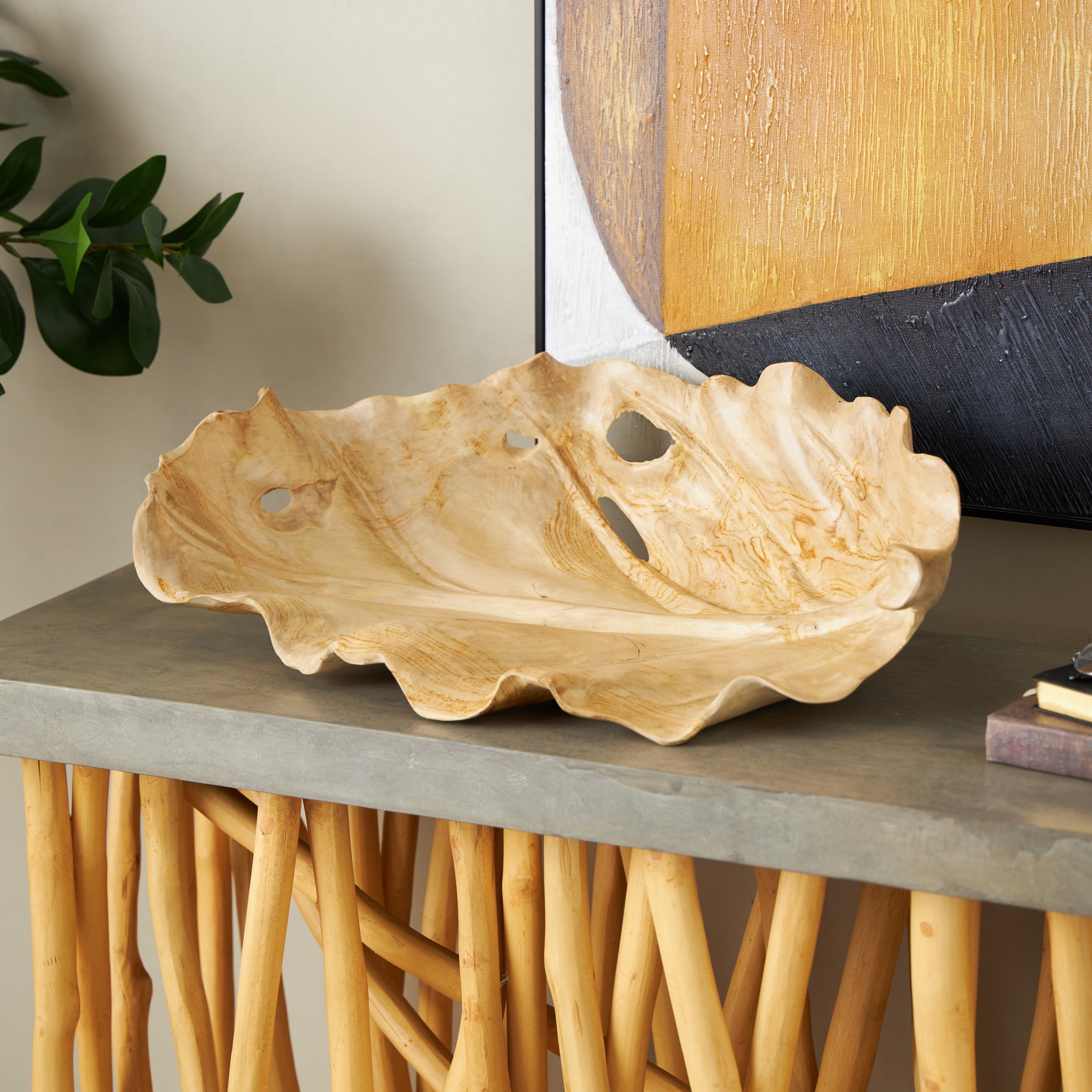 DecMode 20" x 13" Light Brown Teak Wood Handmade Carved Leaf Tray, 1-Piece